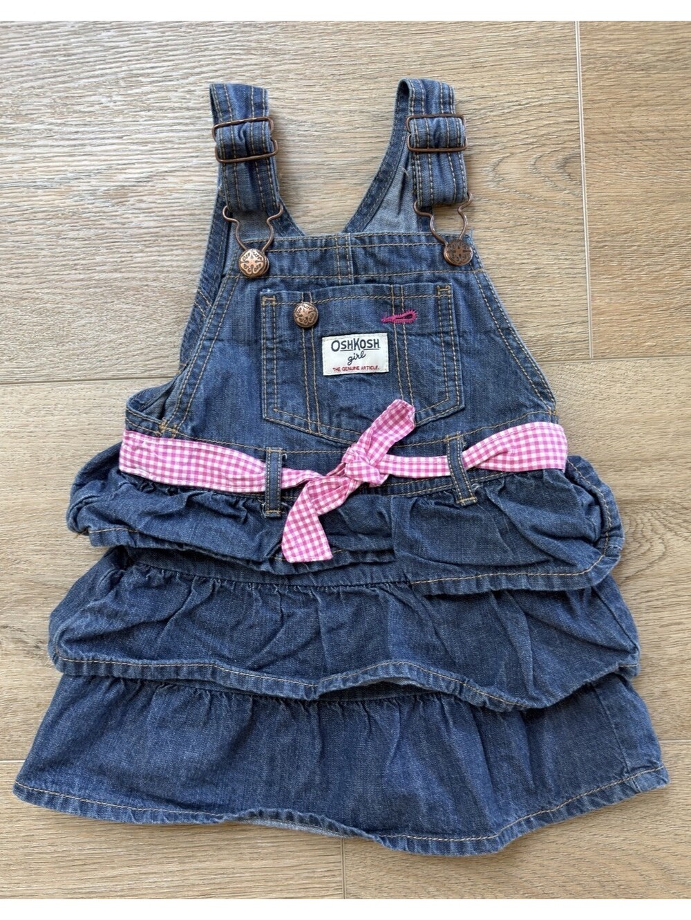 Vintage OshKosh B’gosh Girls Denim Jumper Dress Pink Gingham Ruffle Size 2T